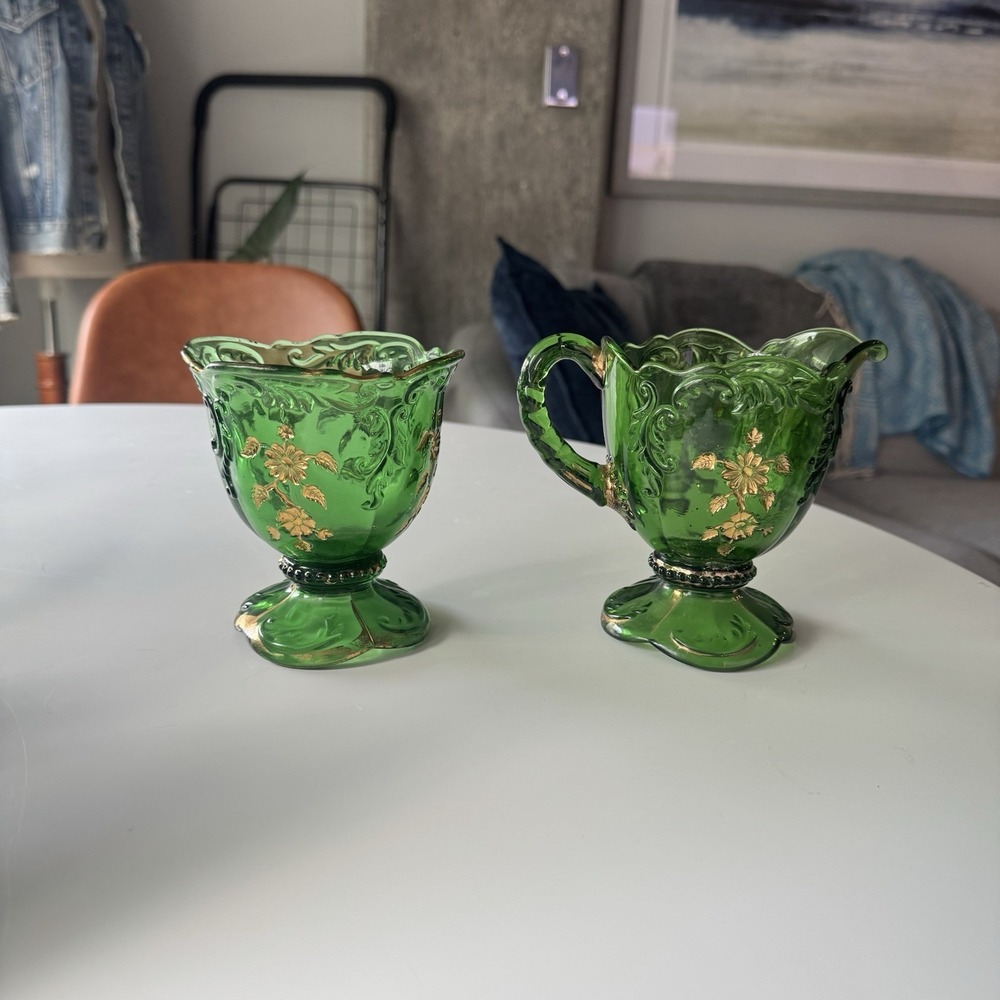 Antique McKee Geneva Emerald Green Gold Creamer Sugar Set EAPG